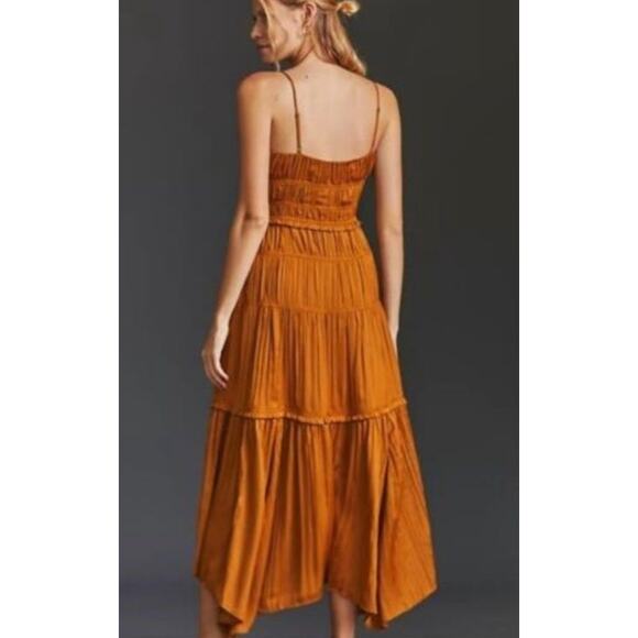 Anthropologie Gold Ruched Strappy Midi Formal Cocktail Dress, size 4 - Picture 2 of 9
